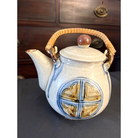 Japanese Stoneware Tea Pot Vintage Hand Painted Mid-Century - Picture 2 of 9